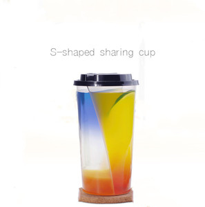 Factory Direct Disposable Milk Tea Share <strong>Cup</strong> Two Block S Shape 700ml Fruit Tea <strong>Cup</strong> with Cover Wholesale - Product Image 2