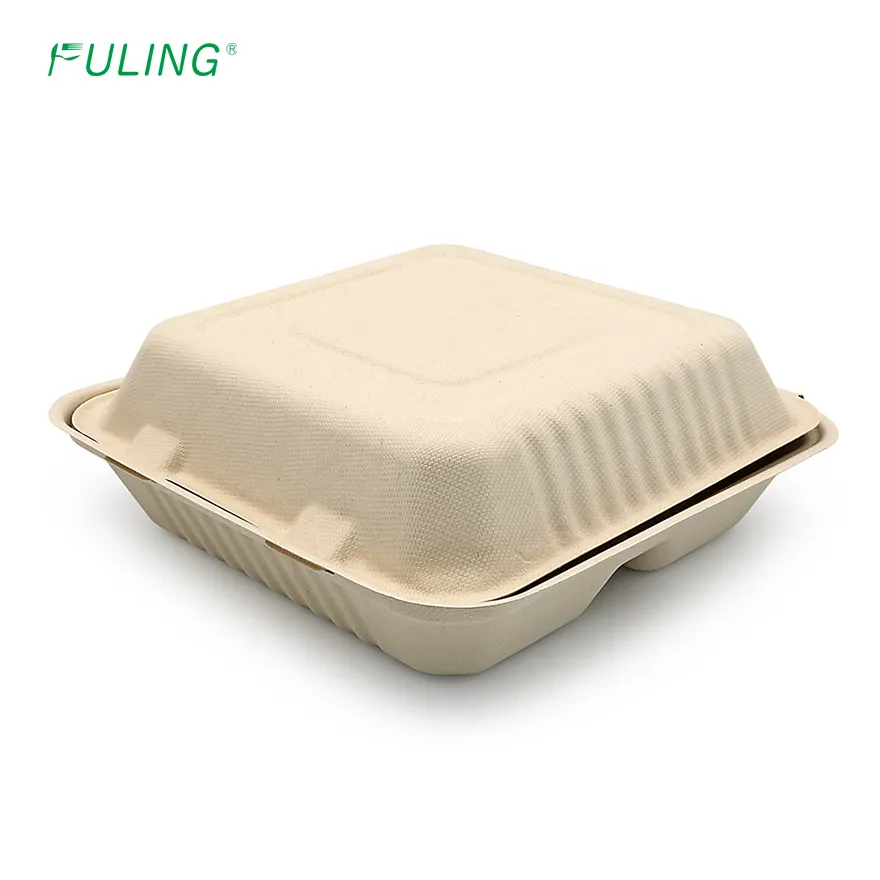 Fuling 9 inch compostable vỏ sò bã mía (sợi mía) Take-Out/to-Go hộp thực phẩm hộp đựng thực phẩm phân hủy sinh học