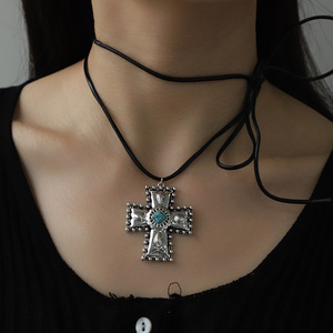 FCJ Personalized Turquoise Wax Rope Necklace Vintage Cross-Embossed Water Drop Number Shape Gold Plated Bohemian Featuring <strong>Jade</strong> - Product Image 2