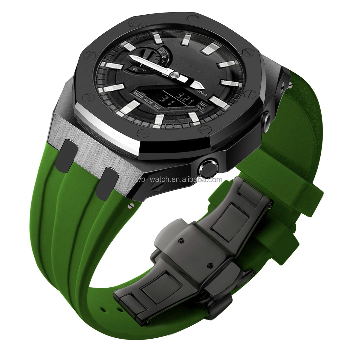 Boîtier noir, bracelet vert