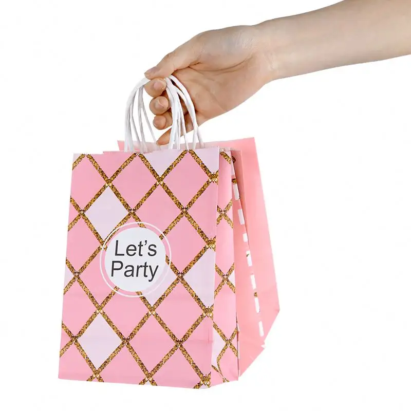 KM sacolas de compras kraft luxuosas para aniversário pequenas com estampa marrom lisa reciclável sacolas de presente para embalagens de papel artesanal rosa com alças
