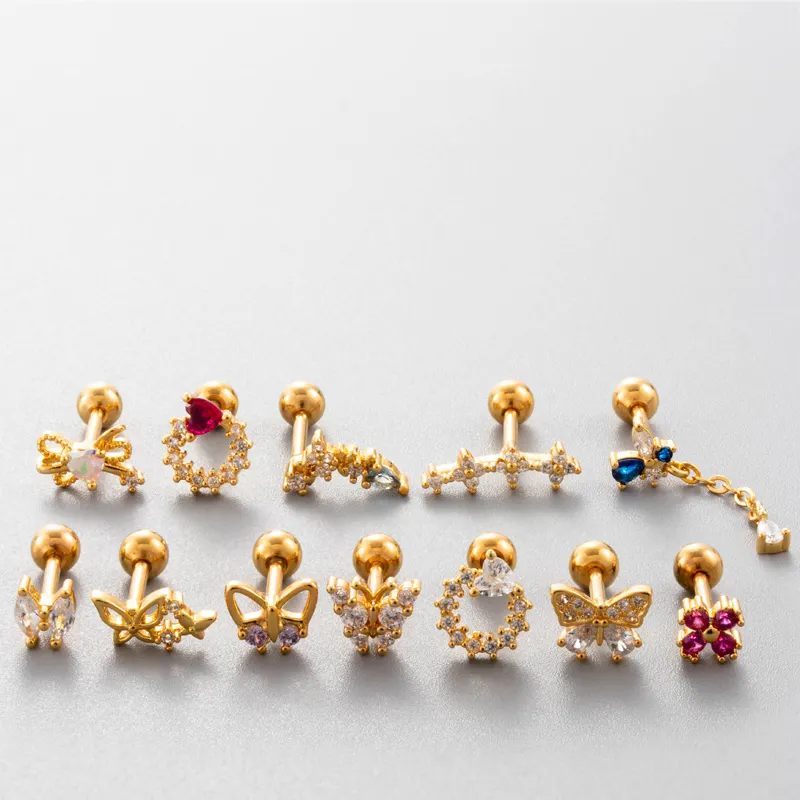HENGSEN coloré zircon cubique coeur papillon fleur cartilage boucles d'oreilles visser en acier inoxydable hélice piercing bijoux