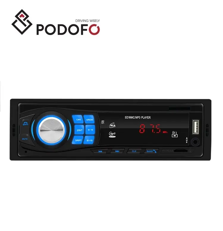 Podofo pemutar MP3 Mobil 1 Din, pemutar MP3 di dasbor dengan Remote kontrol, Stereo, Radio Audio musik FM, USB, Port AUX, 8013