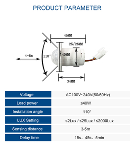 AC110V 220V Retardo de tiempo ajustable PIR Interruptor de sensor de movimiento infrarrojo Luz de techo led Interruptor de sensor de encendido/apagado automático - Product Image 2