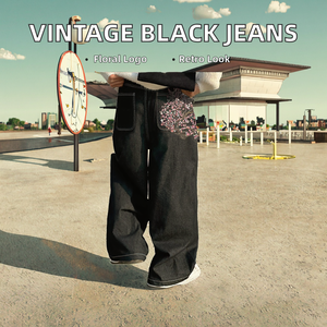 Pantaloni larghi da uomo in <span class=keywords><strong>Jeans</strong></span> Vintage in <span class=keywords><strong>Denim</strong></span> nero lavato con Logo a fiori ricamati - Product Image 2