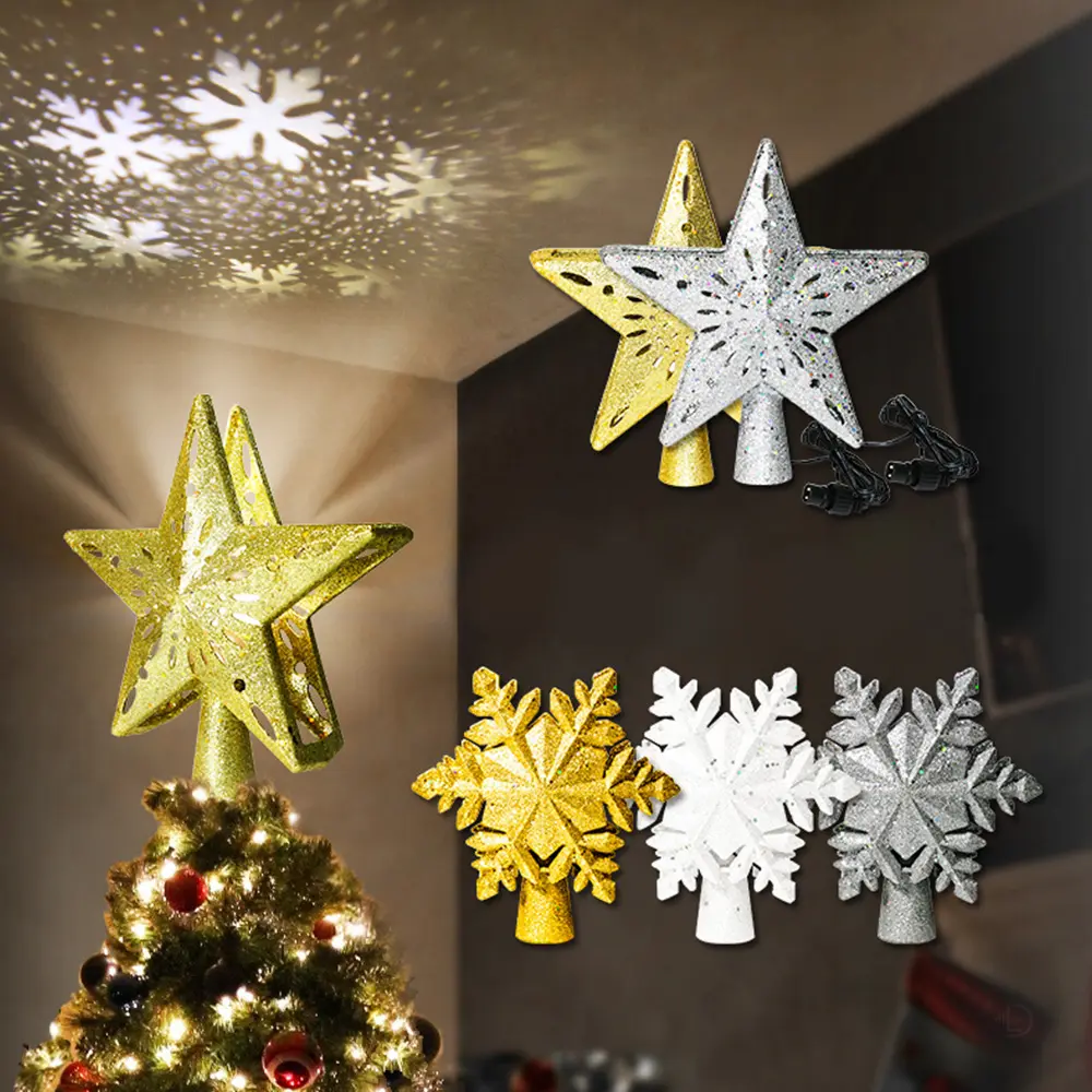 Albero di natale Topper proiettore di luce a Led fiocco di neve d'argento rotante 3d Glitter illuminato stella d'argento per la decorazione superiore dell'albero