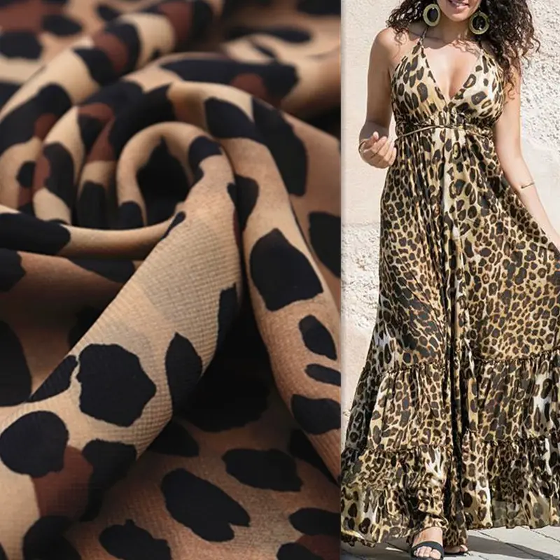 Amostra livre de tecido seda macio, leopardo francês, chiffon, impresso, tecido para roupa