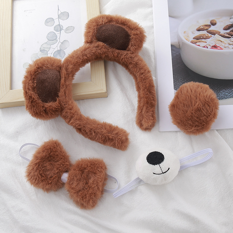 Ensemble 4 pièces sans capuche marron clair-bandeau+queue+noeud papillon+bouche