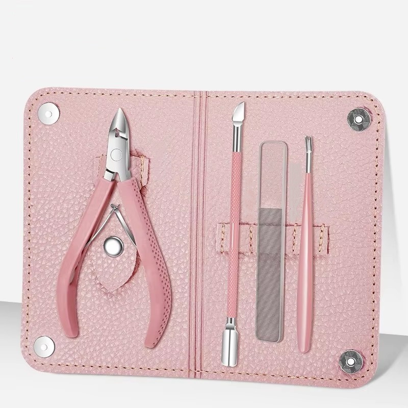 Pince à cuticules rose, ensemble de 4 pièces, étui en cuir