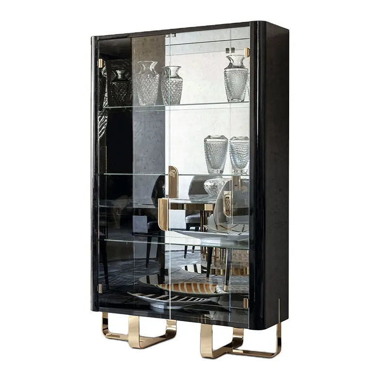 wholesale custom design luxury house wine mini bar display corner with stainless steel leg cabinet black wooden for living room