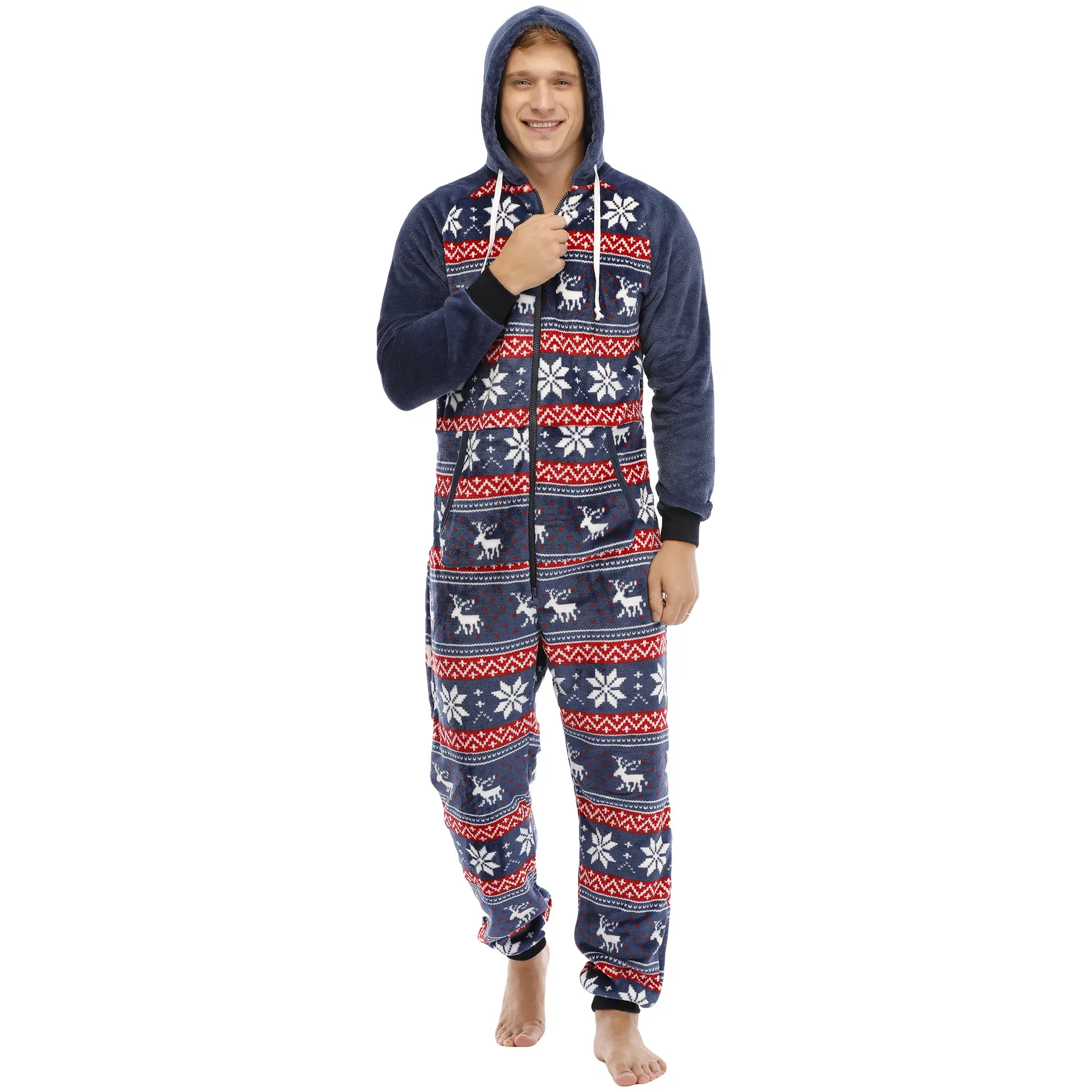 Wholesale men pajamas Men's Long Pajamas Hooded Sleepwear Full Zipper Fleece Jumpsuit Onesie for Men