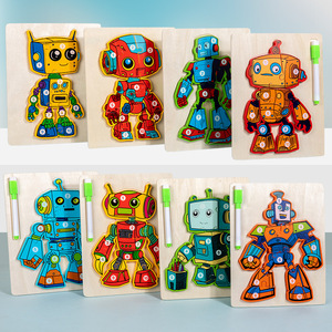 Montessori Children's Wooden 3D Robot Jigsaw Puzzle Drawing Board Game Educational Creative <strong>Writing</strong> Learning <strong>Toys</strong> for Kids - Product Image 3