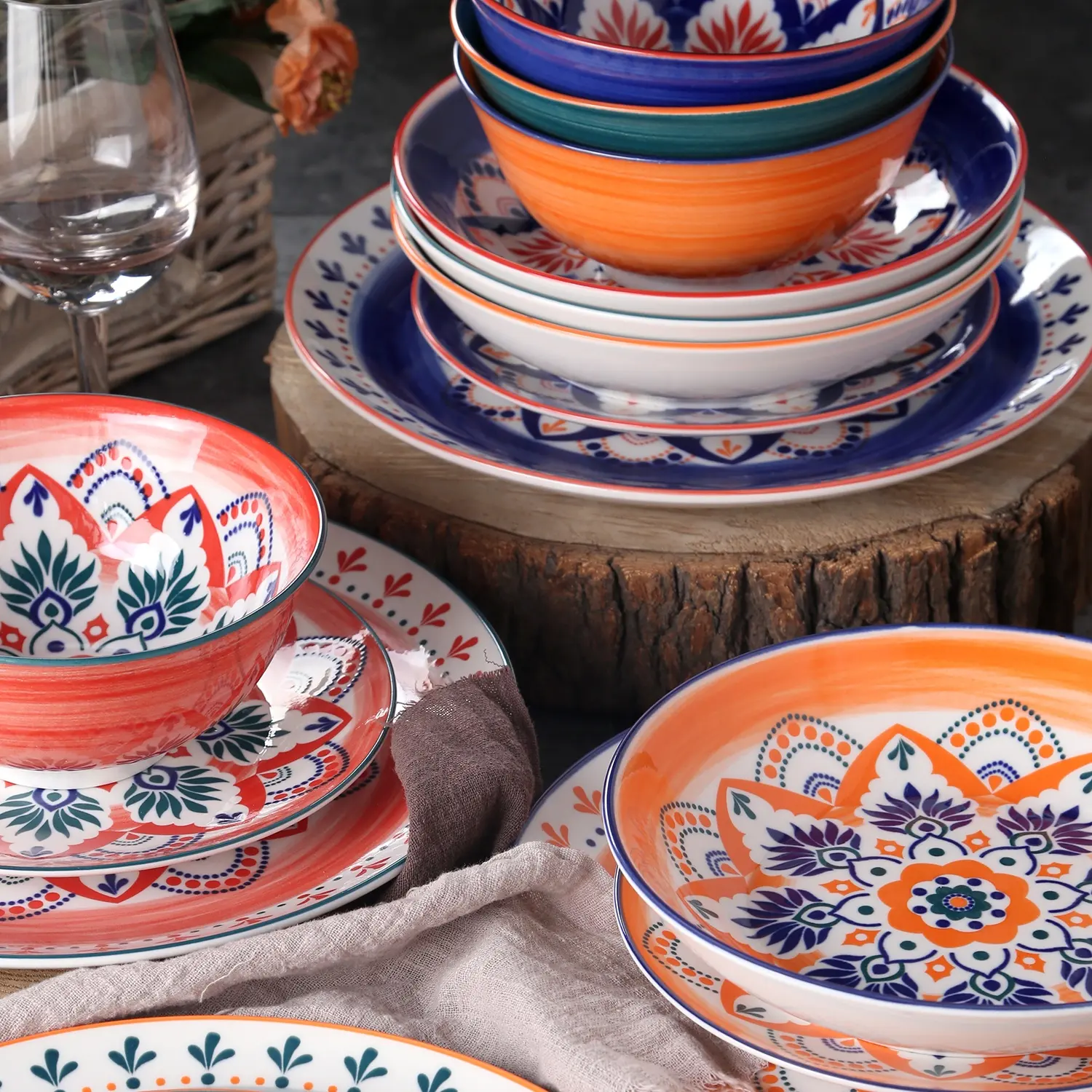 Maison de luxe en céramique art trois couleurs impression vaisselle personnalisée mandala impression en céramique vaisselle bols et soucoupes tasses