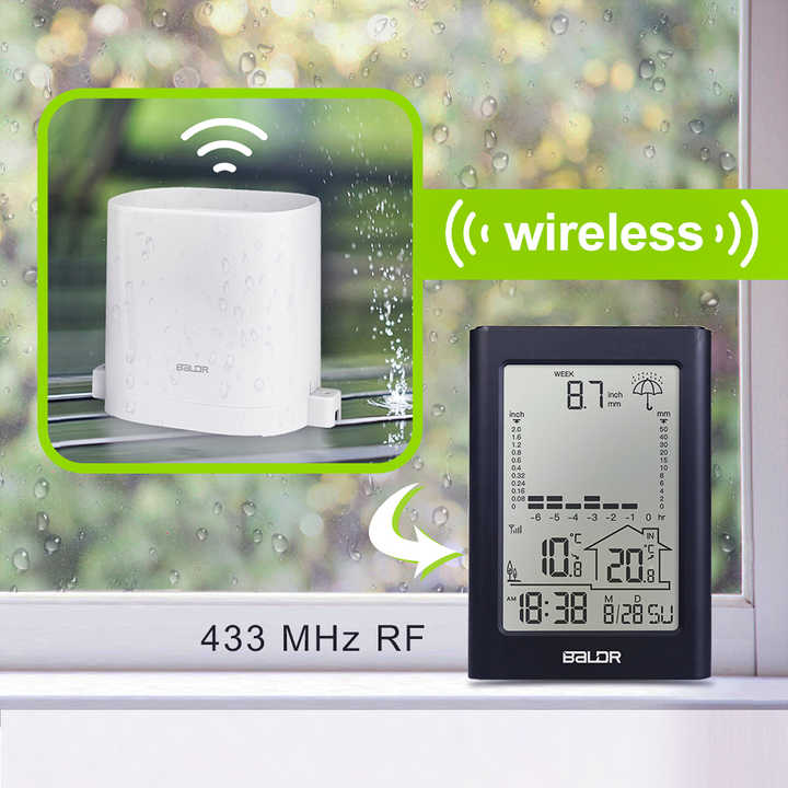 Home Garden Wireless Rain Gauge with Weather Station Meter Temperature Recorder Time Calendar LCD Display