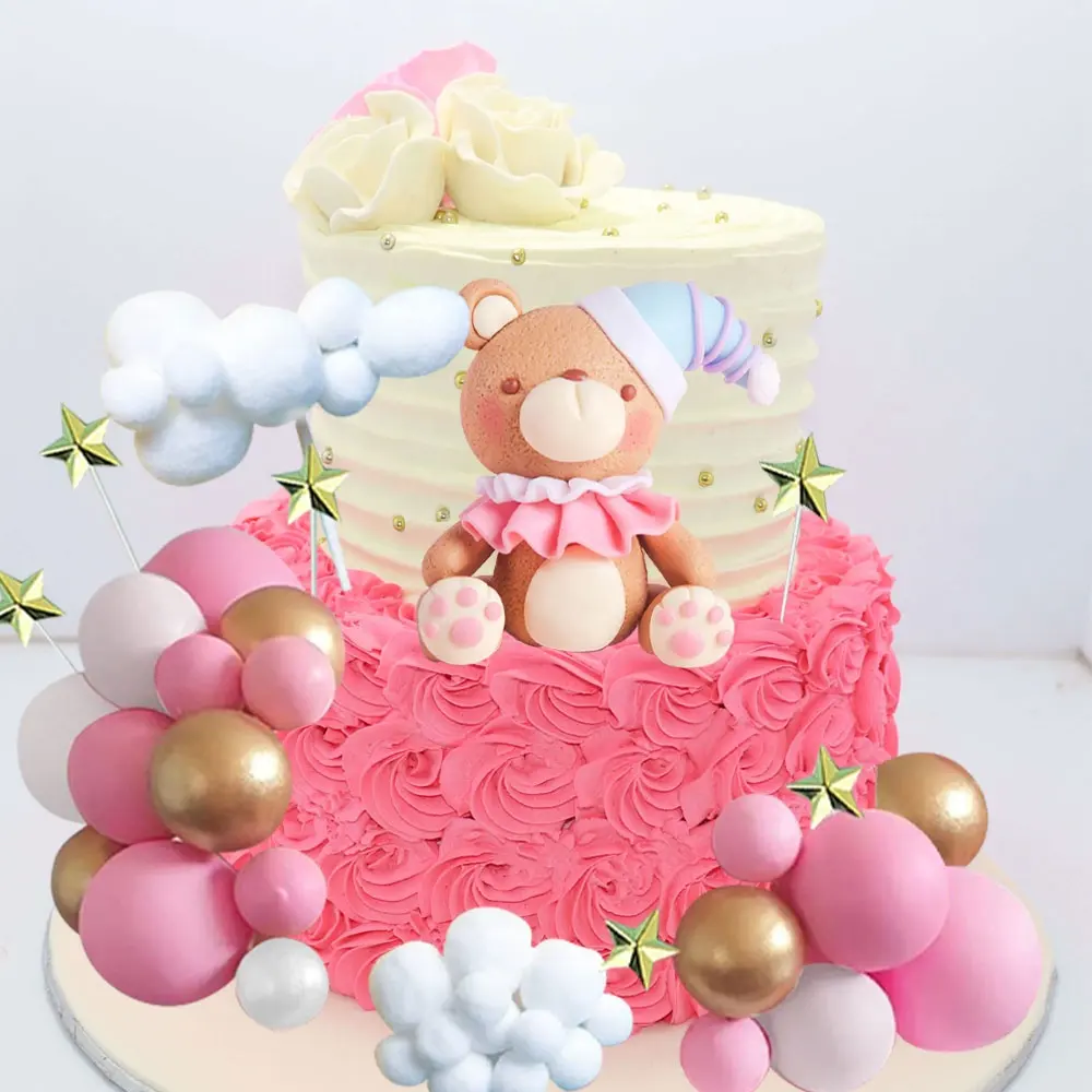 Pembe ayı kek topper topları kek dekorasyon yıldız bulut kek topper ile bebek duş doğum günü partisi dekorasyon için