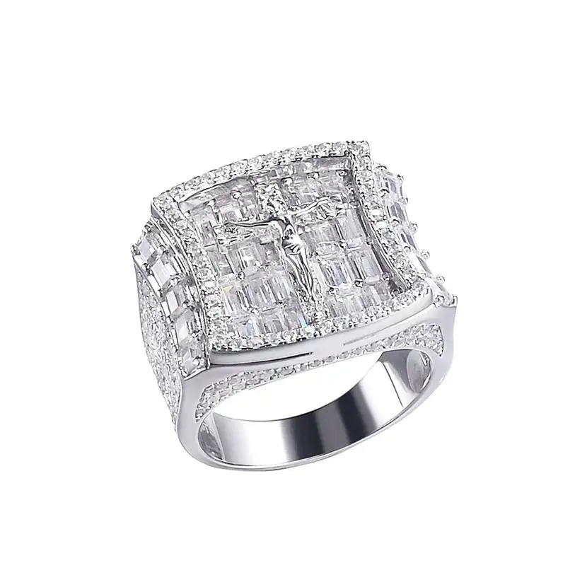 Diseño religioso de alta calidad Sagrada Familia Real Plata sólida 10K Oro blanco Iced Out Square Shaped Jesus Ring para hombres