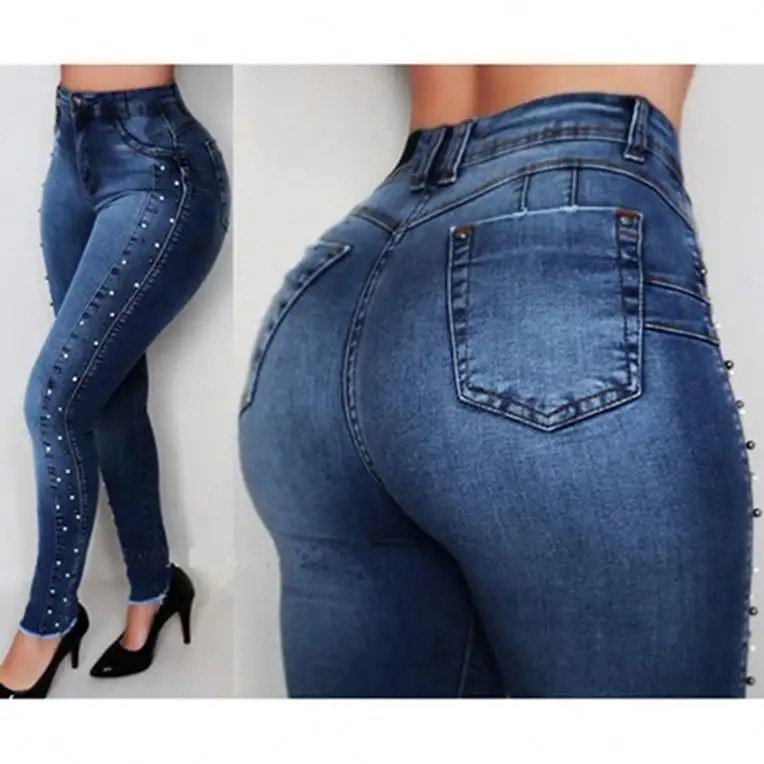 Weibliche modische skinny Bodycon-Push-Up Jeans Damen stretch hohe Taille Perlen Jeans-Hose