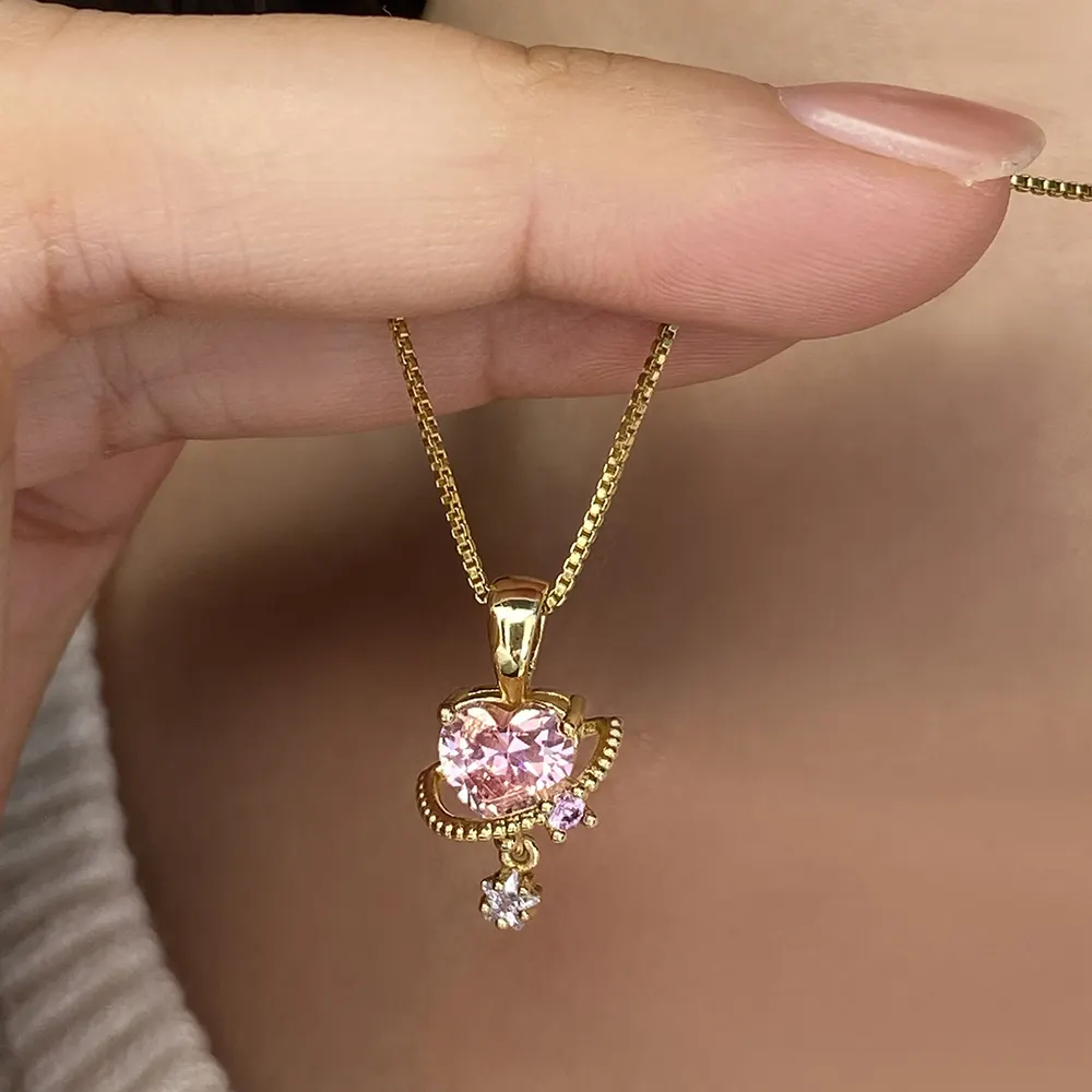 foxi Jewelry fashion jewelry necklaces Love Zirconia Pendant 18K gold plated Sweet Girl Pink Heart Necklace for women