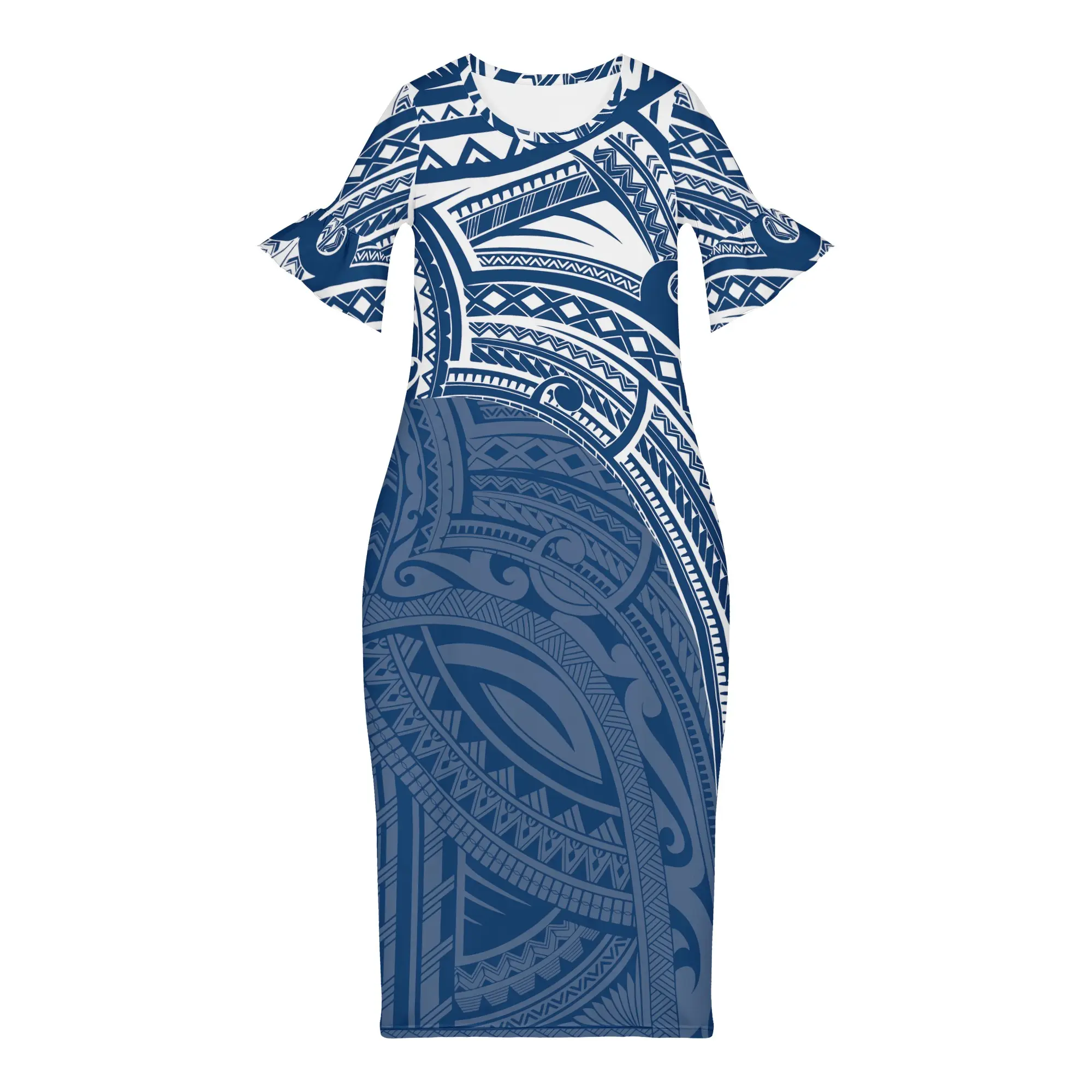 Última dama elegante verano azul clásico manga corta lápiz usar Polinesia vestidos negocios Chic Bodycon vestido Formal para las mujeres