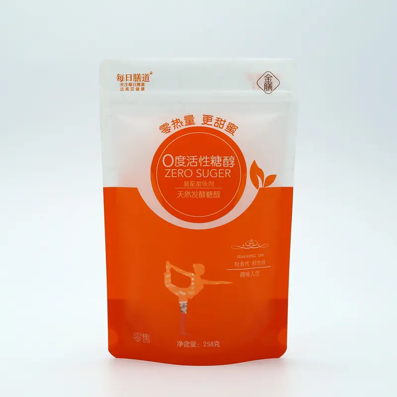 Sacchetto di imballaggio in mylar di caramelle di plastica con cerniera di colore arancione con stampa personalizzata per zucchero a zero calorie