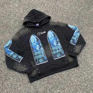 Auf Lager Großhandel 400 Gsm Heavyweight Streetwear Französisch Terry Cotton Sun Faded Sun lashed Strass Overs ize Boxy Fit Hoodie Herren - Product Image 2