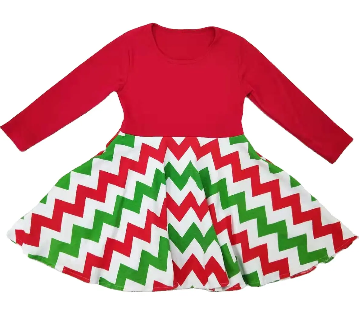 Venta al por mayor vestido de Navidad para niños rojo niñas Chevron impreso vestidos de giro Otoño Invierno niño niña vestido de perlas