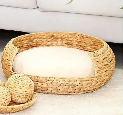 Fashion Woven pet cat bed natural material Rattan weaving breathable round pet nest cat house with pillow