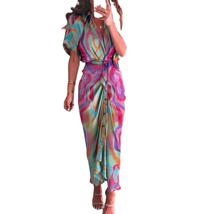 2024 tendencia Casual elegante faldas largas para mujer Boho Tie-dye estampado cuello en V Maxi vestidos mujeres