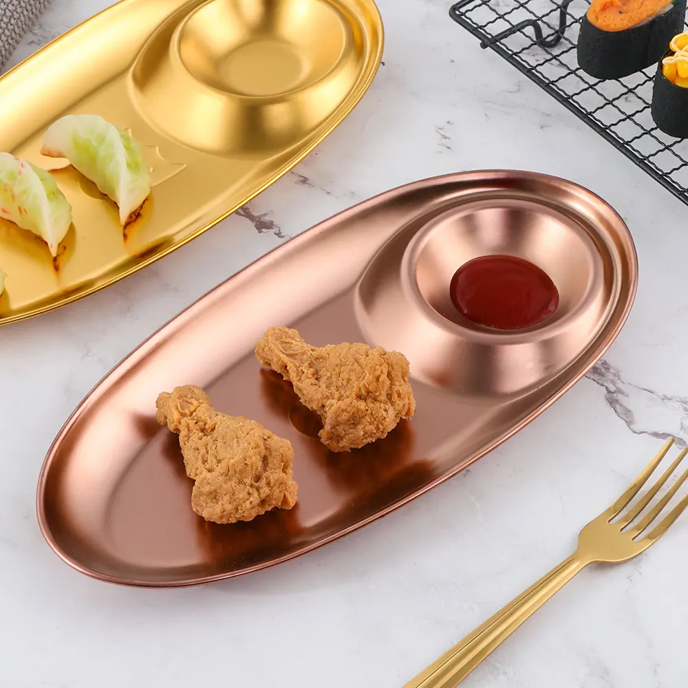 Plats de pâtisserie dorées 304 en acier inoxydable 18/8, assiette à Sushi d'occasion et japonaise, pour la restauration rapide, nouveauté