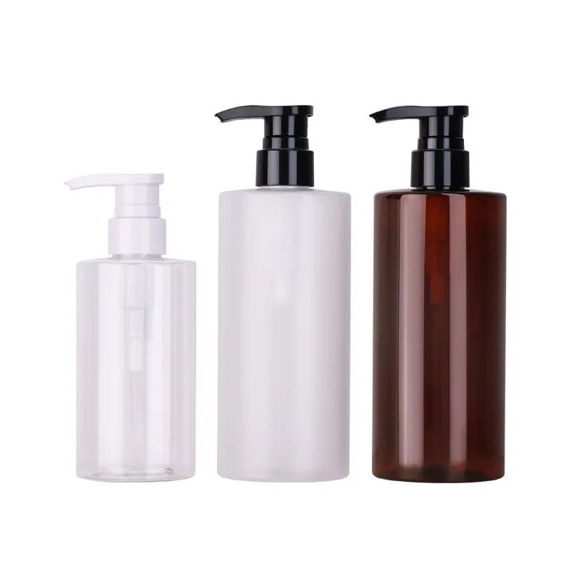 300ml 500ml bouteille cylindrique en plastique PET ambre givré clair bouteille de lotion pour le corps shampooing gel de lavage bouteilles de shampooing transparentes avec pompe
