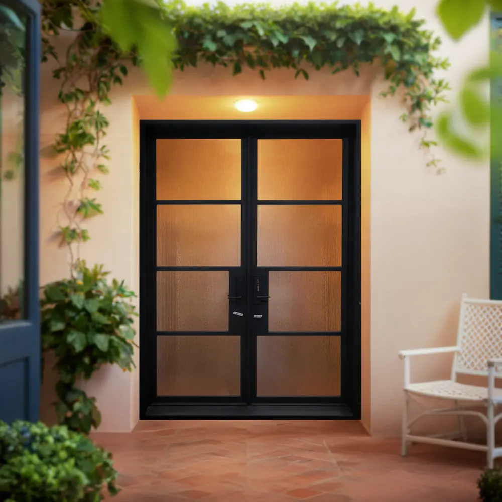 Portas francesas exteriores forjadas quadradas personalizadas do ferro forjado para portas e janelas do isolamento térmico do pátio