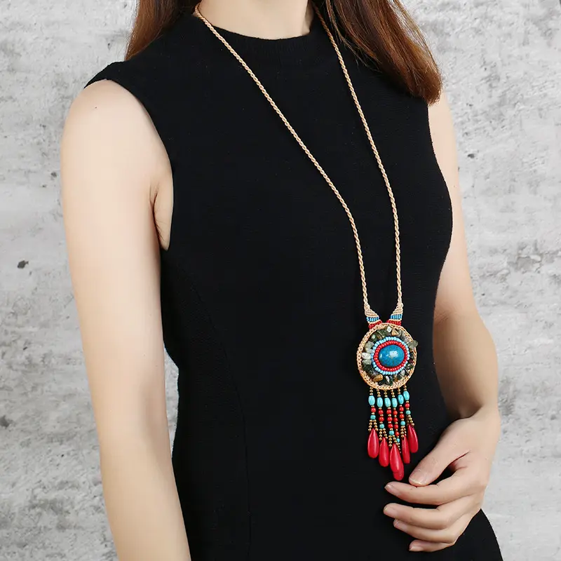 Suxuan moda stile bohémien collana di perline gioielli Vintage corda di cera lavorato a maglia catena collana di pietra turchese donna
