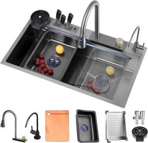 豪华厨房水槽不锈钢农家水槽带排水篮 - Product Image 1