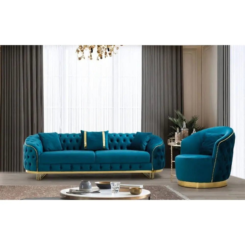 Sofá Chesterfield de lujo, mueble de sala de estar moderno, color turquesa/dorado, 240x95 x H, 72 cm