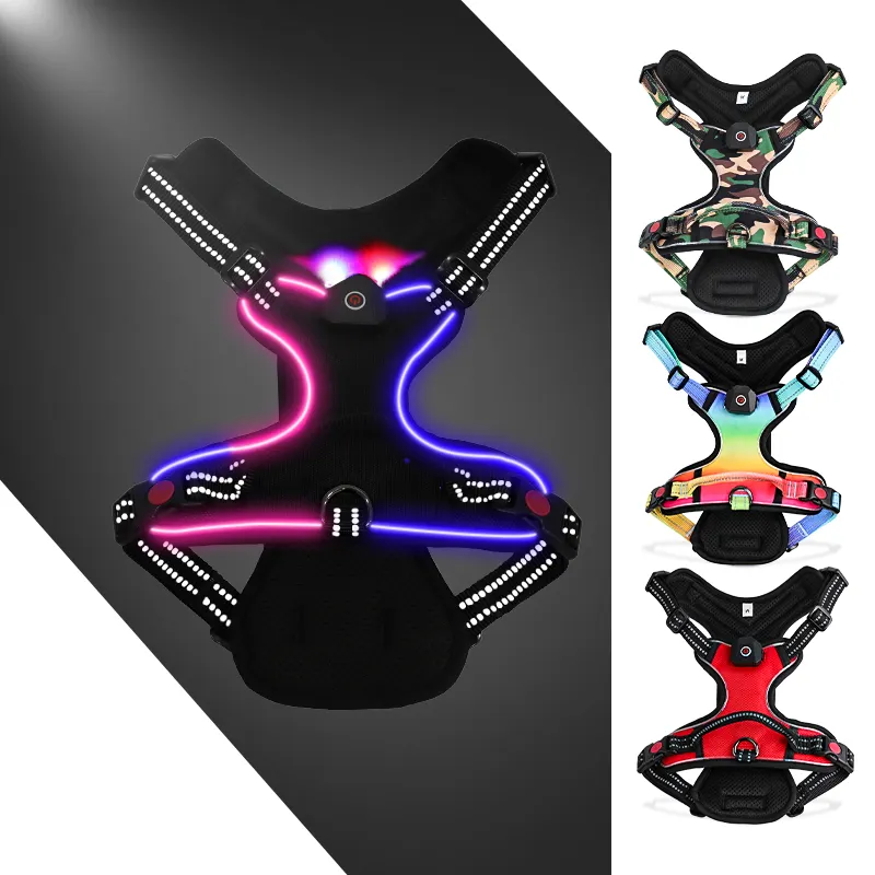 2024 Nieuwe Led Licht Hondenharnas Vest Custom Logo Tactische Veiligheid Usb-Up Led Hondenharnas Oplaadbaar Voor Groot Huisdier