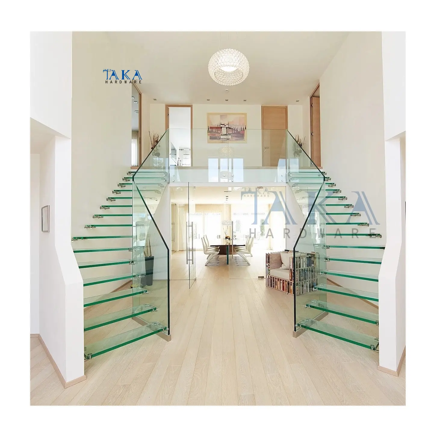 Design moderne de luxe, intérieur préfabriqué, Double escalier flottant en verre trempé avec semelle en verre, Double escalier