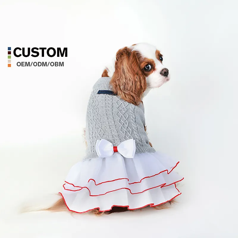 Grosir Gaun anjing pola Kabel warna krem hewan peliharaan pakaian hewan peliharaan dengan rok untuk hewan peliharaan luar ruangan