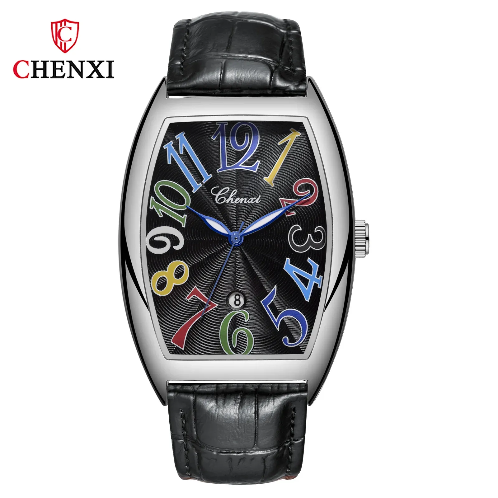 5 silver case black dial colorful text