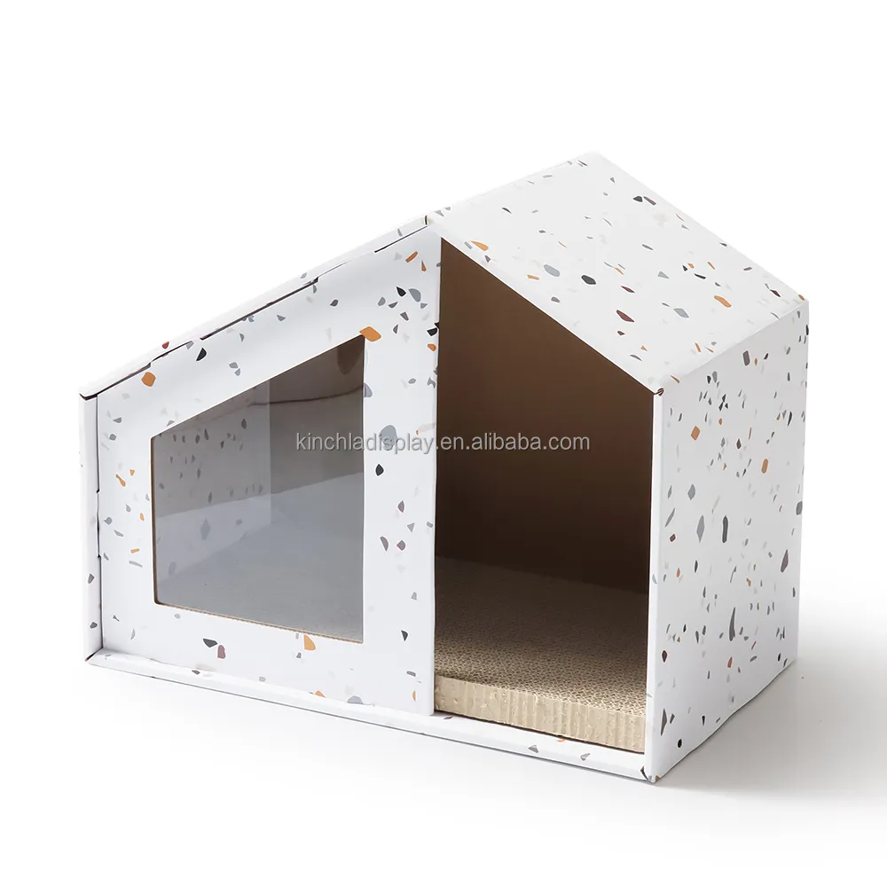 Casa para gatos sostenible con ventana hecha de material de papel corrugado