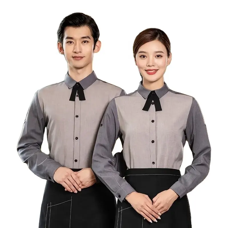 Catering hotel restaurante bar café logotipo personalizado garçom garçonete servidor pessoal manga longa top camisa blusa camisas uniforme camisa