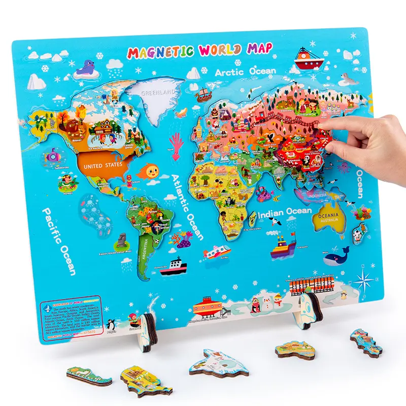 Vente en gros calendrier multifonction en bois horloge enfants anglais en bois magnétique carte du monde puzzle