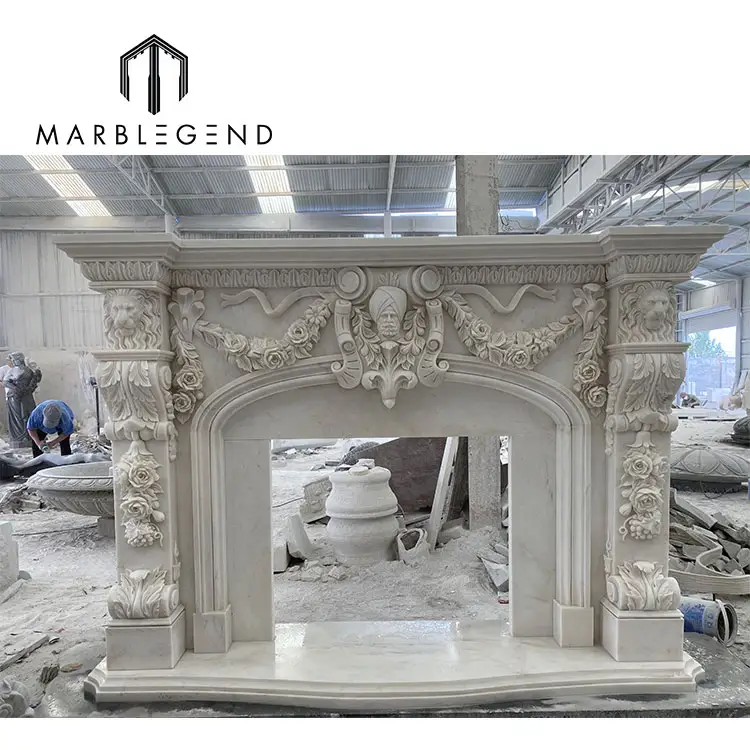 Servizio one-stop villa fornitore intagliato a mano pietra naturale lastra di marmo figura scultura caminetti autoportanti in marmo bianco