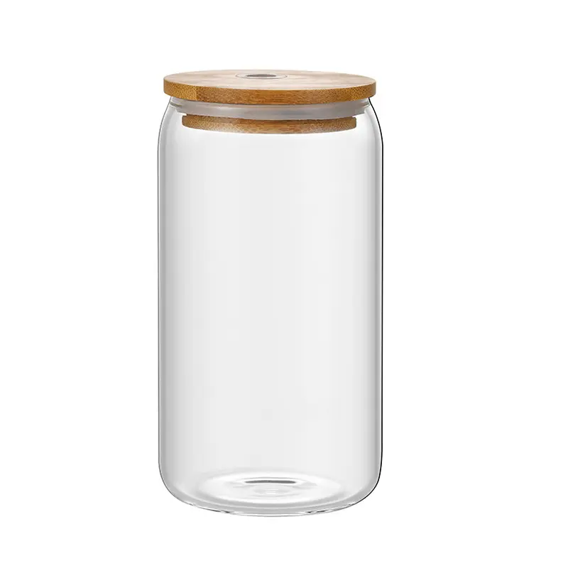 Bouteille d'eau potable en verre transparent de 500ml 16oz avec couvercle en bambou avec trou Pot de jus de fruit Bouteille d'eau potable au lait avec paille en verre