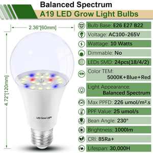 Tam spektrum E27 E26 10W A19 büyümek ışık eşdeğer 100W LED büyümek ampul tohumlar ve yeşiller için - Product Image 2