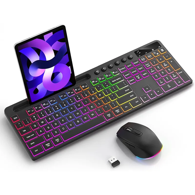 AMZ vendita calda tasti 114 Full Size RGB tastiera senza fili con Tablet telefono titolare membrana silenziosa ricaricabile tastiera e Mouse