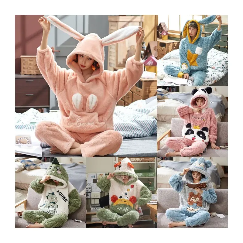 Nuevos pijamas de franela de 2 uds para mujer, pijamas con capucha de dibujos animados bonitos, conjuntos de ropa de dormir de invierno de ocio Polar, inventario