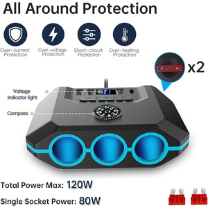 TR52 Car Cigarette Lighter Car <strong>Charger</strong> <strong>One</strong> to Three with Switch Voltage Display - Product Image 2