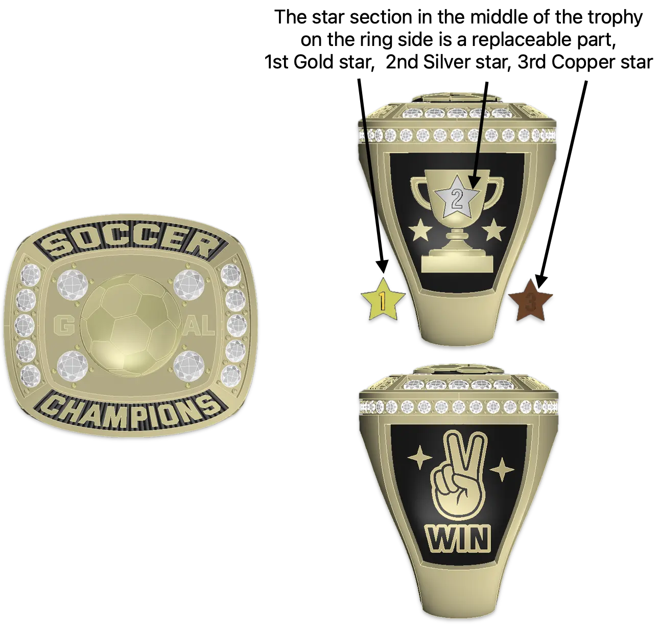 Customizable bright gold plated child soccer sporting kids championship ring