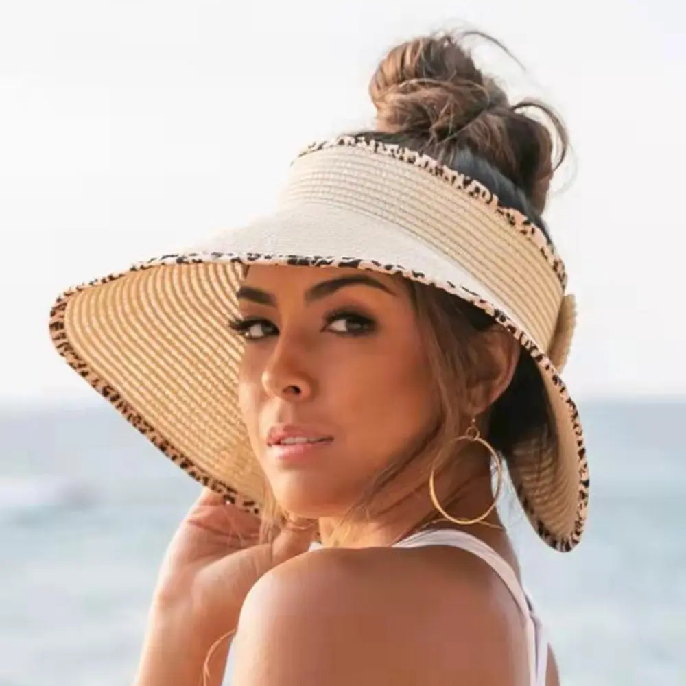 Chapeau de paille pour femmes, avec visière de protection solaire, pliable, à bords larges, léopard, pour la plage.