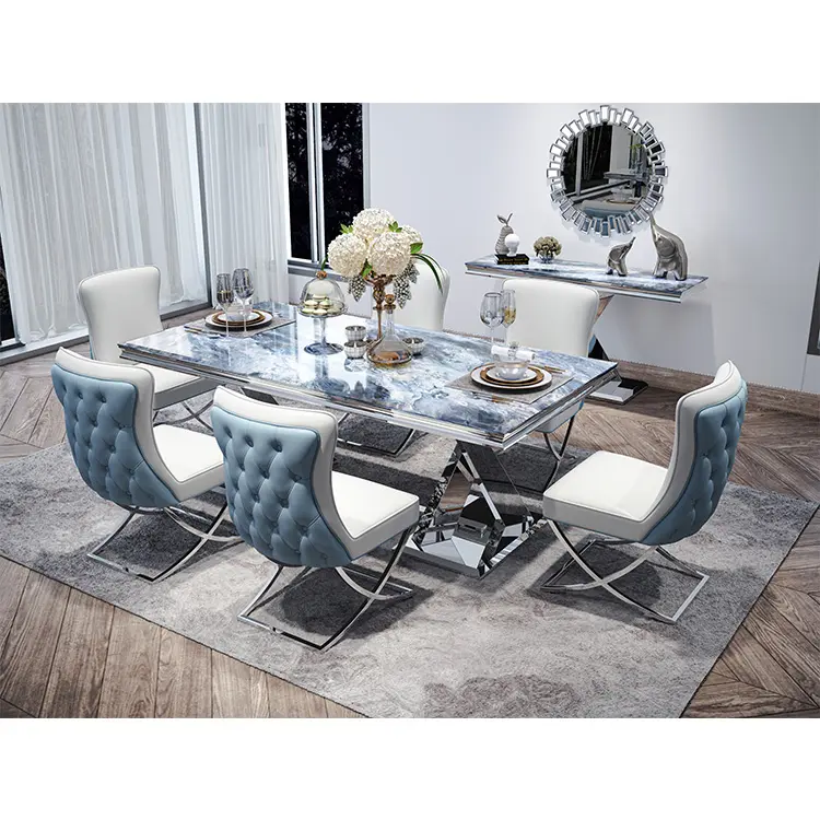 Home Esszimmer möbel Rechteckiger Tisch Restaurant Hersteller Ess-Set Marmor Edelstahl Hochwertiger Luxus Modern